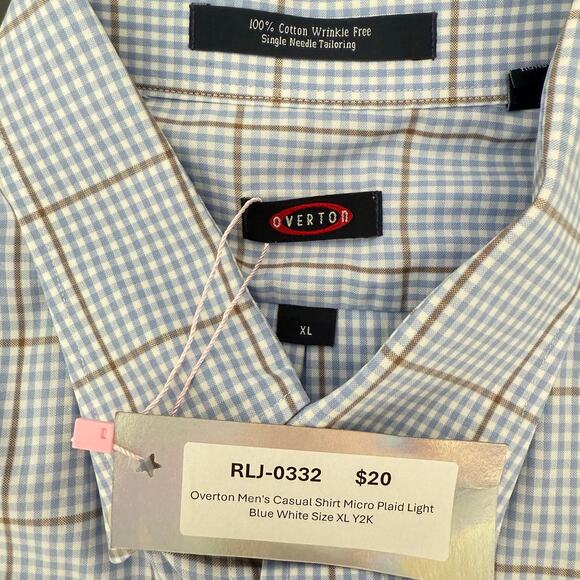 Overton Men's Casual Shirt Micro Plaid Light Blue White - Picture 3 of 7